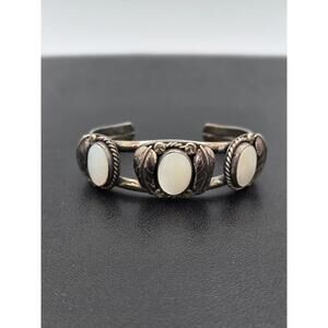 Native American Navajo Sterling Silver Cuff Bracelet Mother Of Pearl Cabochons